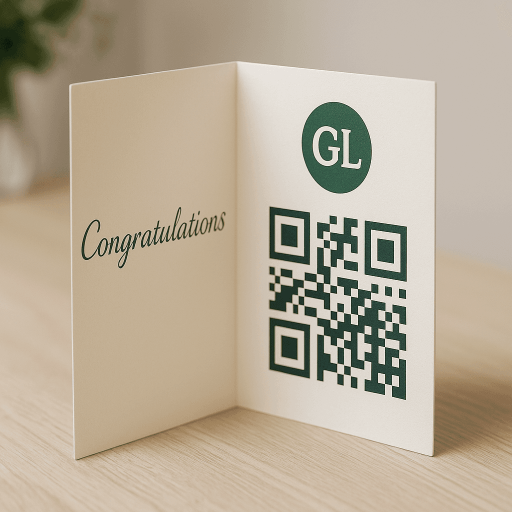 Inside view of a GiftLink card showing a QR code and 'Congratulations' message